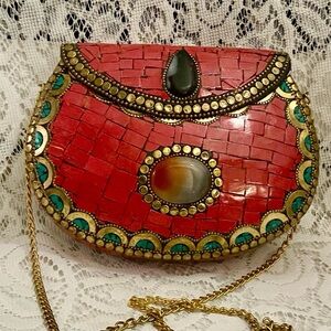 Faux Red Coral Tiles-Metal PurseCrossbody 7.5in x 5.5in x 2i